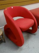 Retro designer bent metal armchair covered in a red felt style fabric