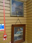 Brass framed pencil and watercolour drawing - harbour scene with moored fishing boats and a framed