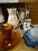Quantity of mixed pottery, glass dishes, Masons jug, pair of miniature Beswick spaniels etc