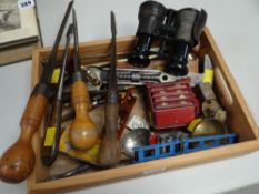 Parcel of vintage tools, binoculars, diecast models etc