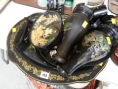 Parcel of Oriental lacquer ware tourist items together with a similar bamboo model and a tray