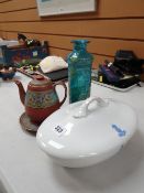 Intriguing white pottery tureen with the cipher for Edward VII, stoneware teapot and stand and a