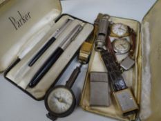 Cased Parker pen set together with a parcel of collectables including compass, whistle and watches