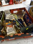 Box of old sporting equipment etc