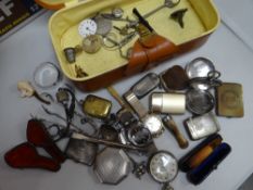 Vanity case and collectable contents including white metal and silver items, Continental watch case,