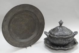 A large eighteenth century continental oval twin-handled pewter tureen together with non