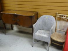 Vintage bow fronted polished wood sideboard on raised feet, a loom style chair and a low beech