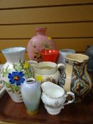 Sundry vases including a milk glass floral moon flask