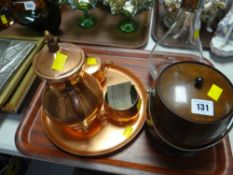 Polished wood biscuit barrel, sterling silver collared glass decanter etc