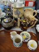 Sundry south coast pottery items, various teapots, pottery stein, Portmeirion rolling pin etc