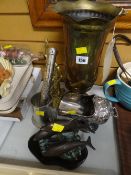 Brass vase, metallic dolphin sculpture etc