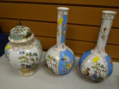 Pair of Augustus Rex panel decorated bottle vases together with a similar jar and cover (damage)