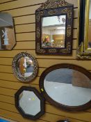 Gilt metal mounted antique wall mirror, circular wall mirror and two vintage wooden framed mirrors