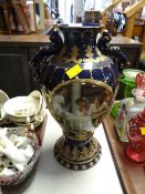 Royal Limoges transfer decorated twin handled blue ground vase