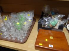 Cased set of tea knives and forks, sundry glassware and household items