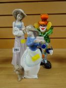 Nao figure of a girl with a poodle and another and a Murano glass clown