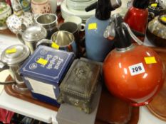Three soda syphons, a pewter casket, tankards etc