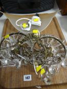 Two vintage drop lustre light fittings and a modern opaque glass wall fitting