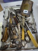 Parcel of mixed flatware and a white metal hip flask
