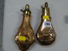 Pair of brass hunting gunshot flasks