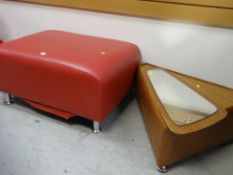 Modern red leather effect footstool/coffee table and a retro wooden topped triangular coffee table