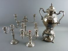 A SUBSTANTIAL ELECTROPLATED ALL METAL SAMOVAR with scrolled handles, knopped cover, burner and on