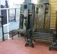 TWO CAST IRON DOG GRATES with Victorian slate and marble mantel surrounds (the latter in sections)