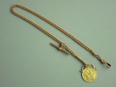 AN EDWARD VII FULL GOLD SOVEREIGN, 1902 with nine carat gold Albert chain with swivel and T-bar,