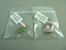 A NINE CARAT GOLD MALACHITE & WHITE TOPAZ PENDANT, 1.2 grms gross and a nine carat gold amethyst