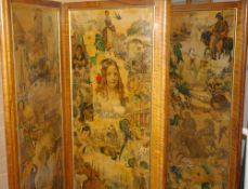 A VICTORIAN SCRAP DECORATED FOUR FOLD WALNUT DRESSING SCREEN having 5ft 6ins multi-print panels