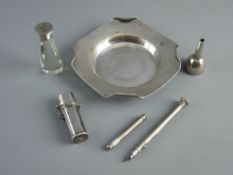 A PLAIN SQUARE SILVER ASHTRAY with inward folding corners and a parcel of bijouterie - a narrow