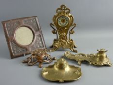 A GROUP OF ART NOUVEAU DESKTOP ITEMS in brass, bronze and copper including a clock and inkwell in