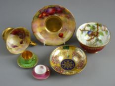 TWO MINIATURE COALPORT CHINA CUPS & SAUCERS, one mottled pink and the other green ground with gilt