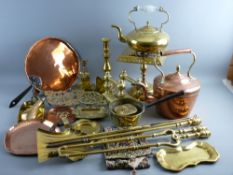 A LARGE PARCEL OF ANTIQUE COPPER including pair of fire dogs, kettle stand, fire irons, minor