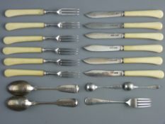 A SET OF SIX BONE HANDLED SILVER BLADED FRUIT KNIVES & FORKS, Sheffield 1915, a pair of fiddle