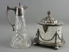 AN EXCELLENT ELECTROPLATE & CUT GLASS BISCUIT BOX on stand and a cut glass claret jug with plated
