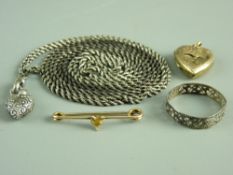 A SMALL PARCEL OF JEWELLERY - a sterling silver muff chain, 120 cms, with a heart shaped pendant, 16