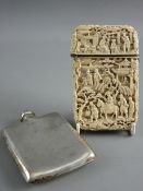 A LATE 19th CENTURY CHINESE CARVED IVORY CARD CASE and a small hallmarked silver hip flask, the case