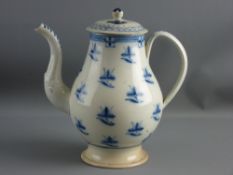 AN EARLY ENGLISH PORCELAIN COFFEEPOT with simple blue floral decoration and with a repaired non-