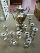 Substantial electroplated samovar and a pair of circular based three branch electroplated candelabra