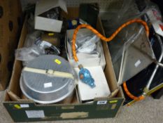 Box of mixed metalware, door furniture, blow lamps, camping equipment etc