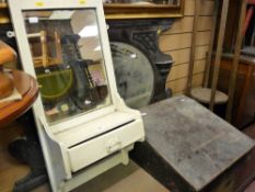 White painted hanging hall mirror, writing slope, two wall mirrors and a two tier brass effect