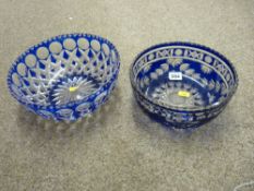 Two circular blue overlaid glass fruit bowls