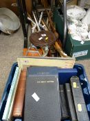 Parcel of good bone handled and other walking canes and shooting sticks and a crate of religious