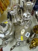 Three piece bright cut electroplated tea service and other EPNS coffee and teapots etc