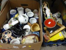 Large box of mixed jugs, hen on nest etc and a small crate of white metal picture frames etc