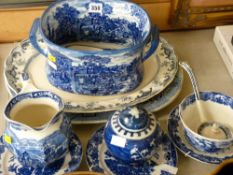 Small blue and white repro footbath, two platters and other blue and white ware