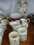 Large two handled mug 'Luke Burgess, Congleton, 1872', two other jugs and a floral pottery vase etc