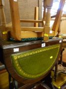 Tooled leather top coffee table with drop sides and lyre end supports, parcel of string topped,