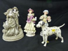 Beswick pottery semi-glazed Dalmatian figure 'Arnoldene' and three Continental china figurines